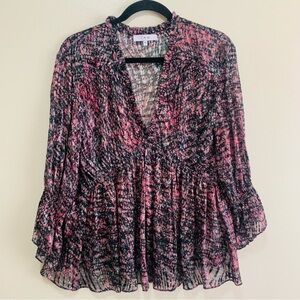 IRO Black and Pink Floral Crinkle V-Neck Silk Blend Blouse size 38/6